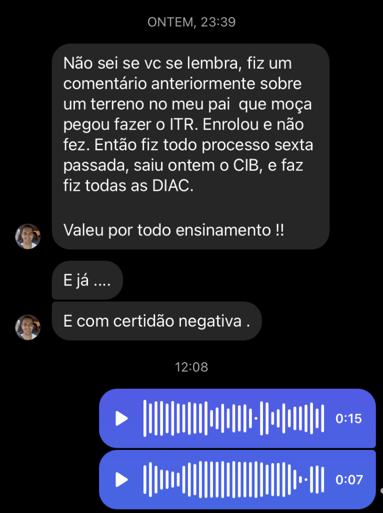 Depoimento de aluno sobre emissão de CIB, DIAC e certidão negativa no ITR